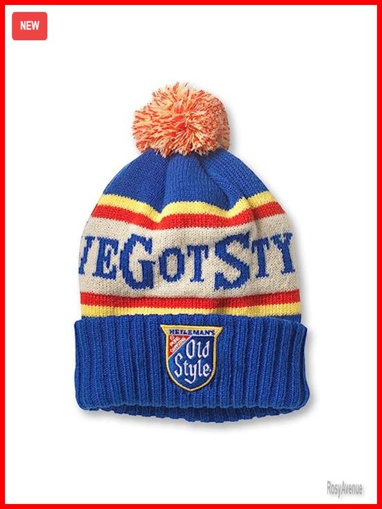 Unisex Acrylic Knit Cuffed Pom Beanie Hat with Patch